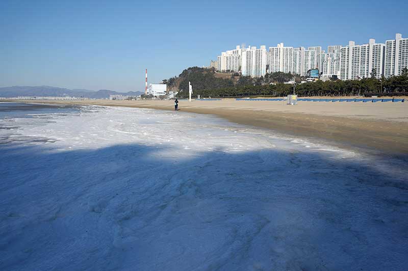 凍ってしまった釜山多大浦海水浴場